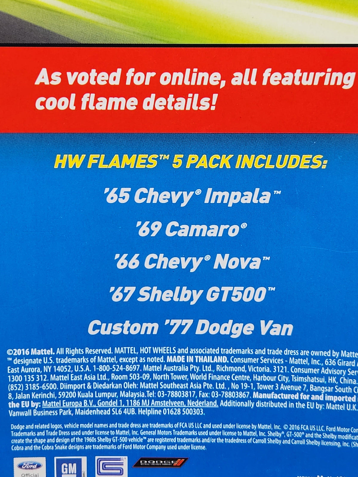 Hot Wheels 2016 Flames 5 Pack Exclusive Cars Dodge Mustang Chev Nova Camaro Impala