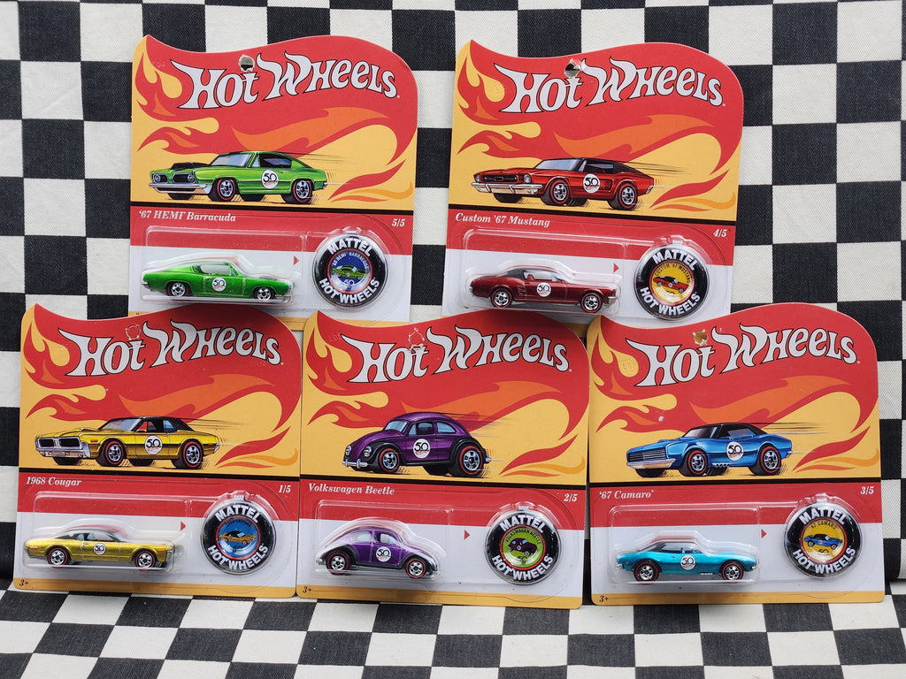 Hot Wheels 50th Anniversary Redline Cars Full Set 5 Mustang Barracuda Cougar Beetle Camaro