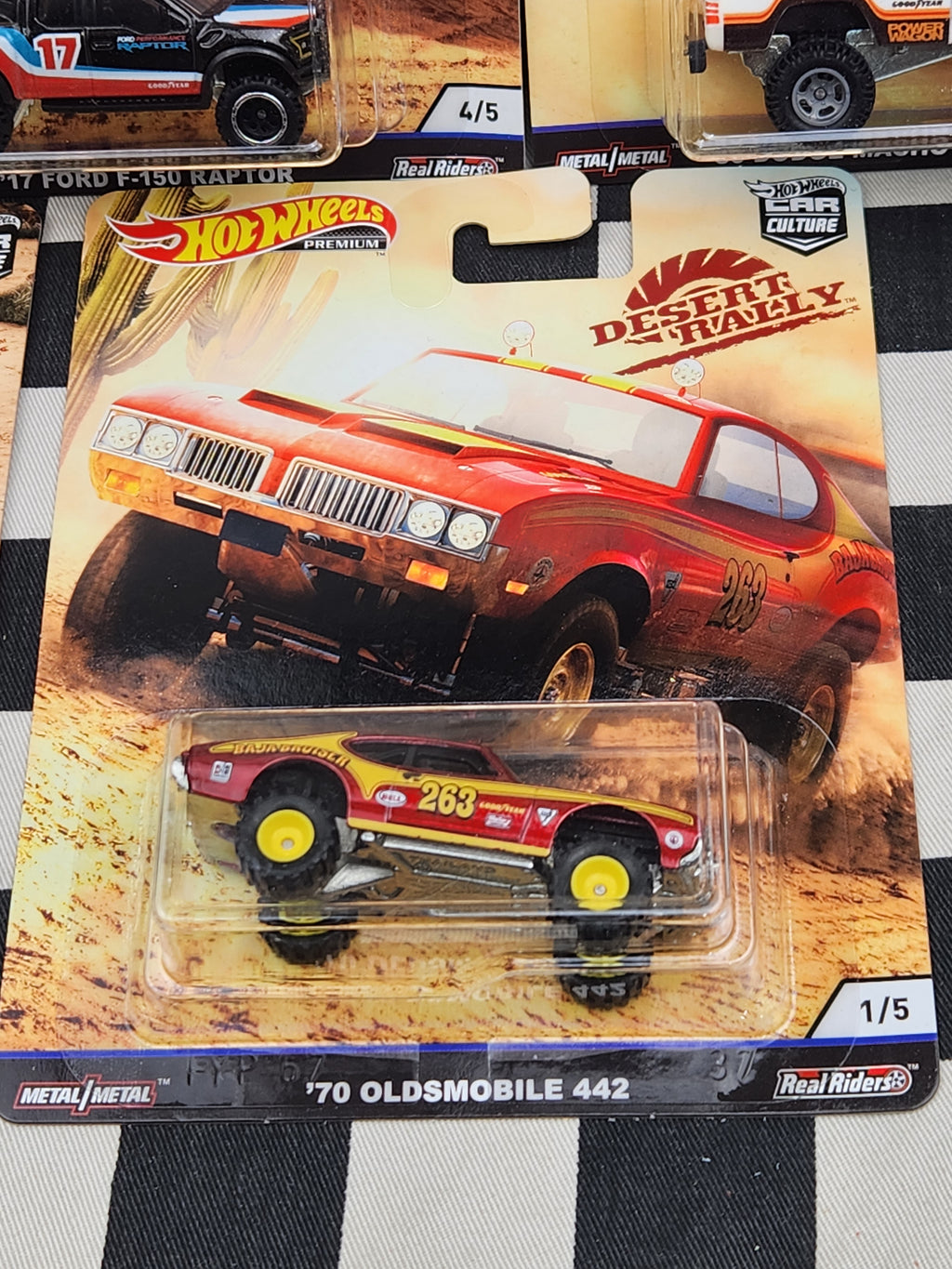 Hot Wheels Premium Desert rally Set of 5 VW Baja Bug Dodge F150 Raptor Jeep Oldsmobile
