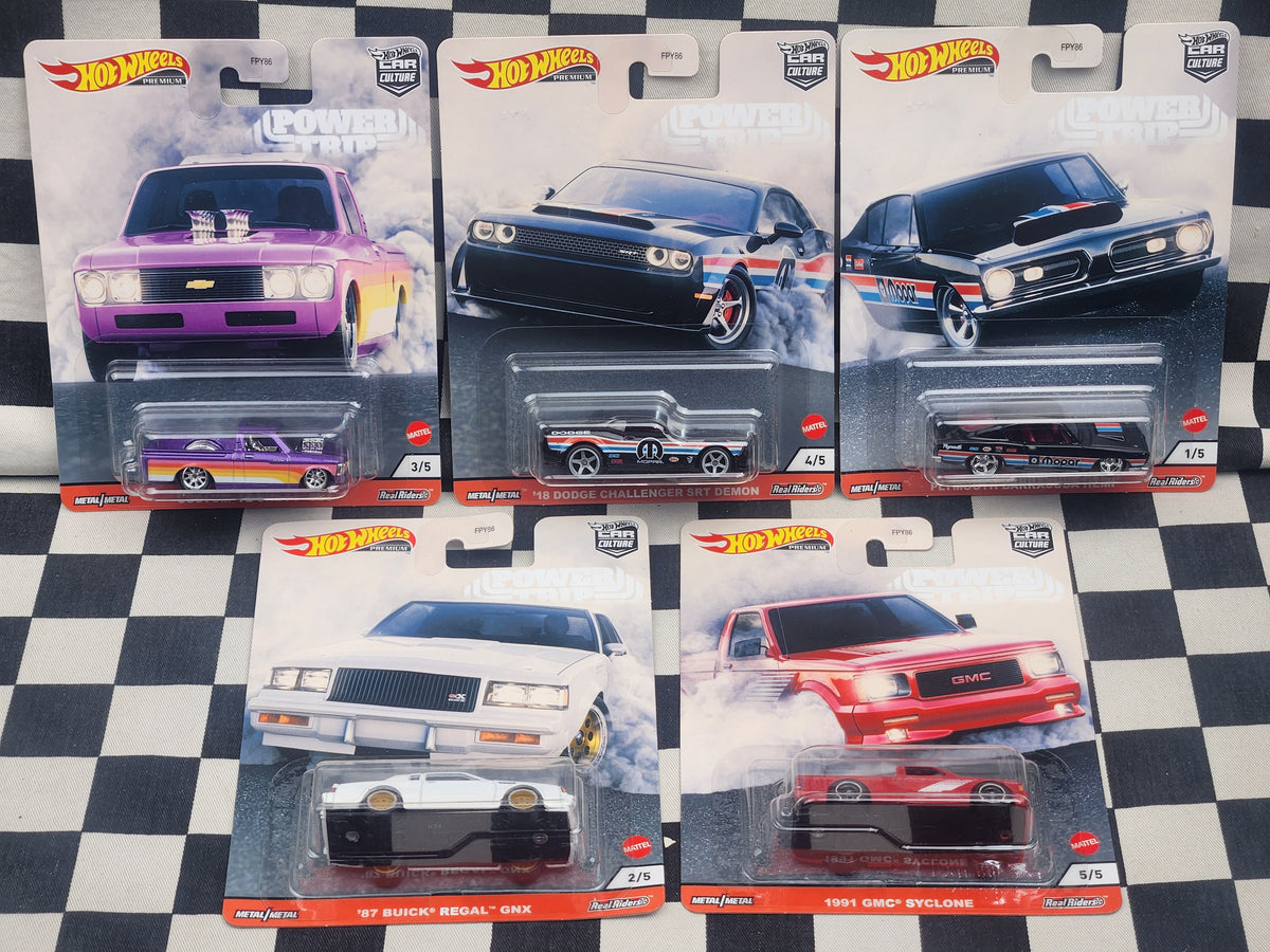 Hot Wheels Premium Power Trip Set of 5 Dodge SRT Demon Plymouth Barracuda Hemi Buick Regal GNX GMC Syclone Chevy Luv