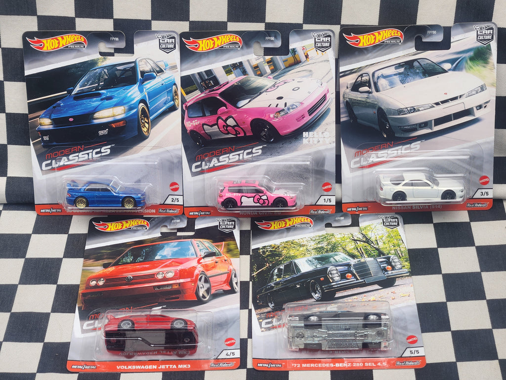 Hot Wheels Premium Modern Classics Set of 5 Nissan Silvia Hello Kitty Honda Civic Subaru Impreza 22B STI VW Jetta Mercedes