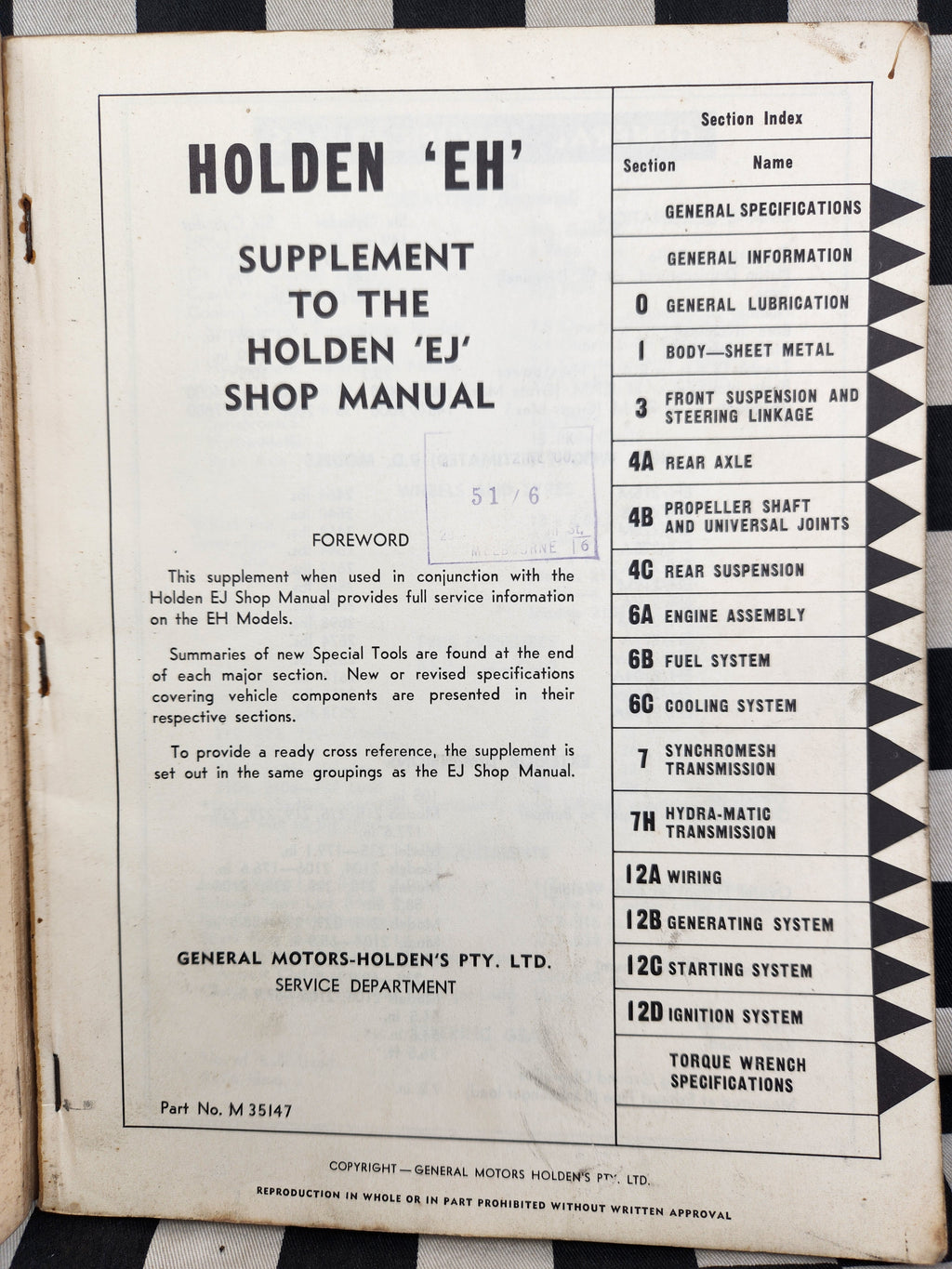 Holden EH Factory Workshop Manual Supplement Nasco
