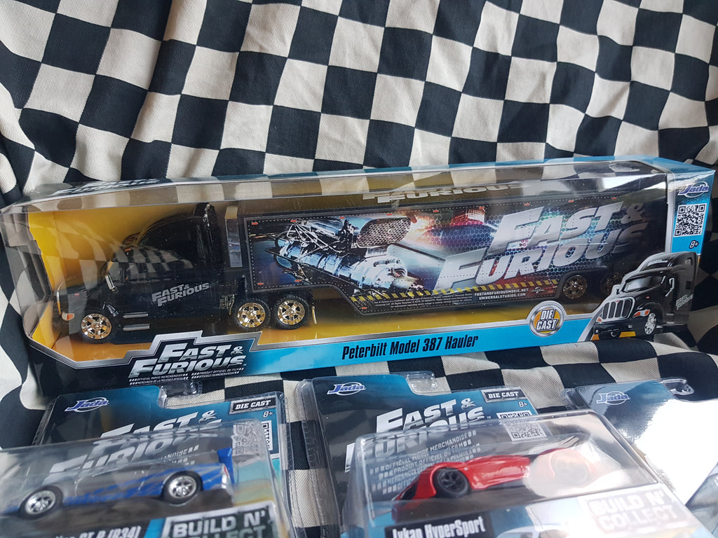 Jada Fast & Furious Set of Build N Collect Cars Plus Peterbilt 387 Hauler  Truck
