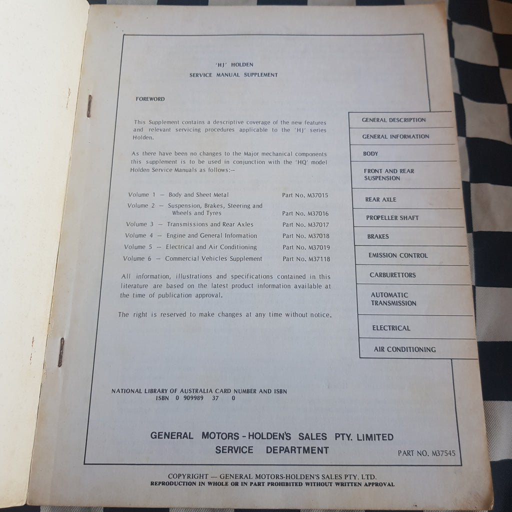 Genuine Holden HJ Series and Statesman Workshop Manual Supplement