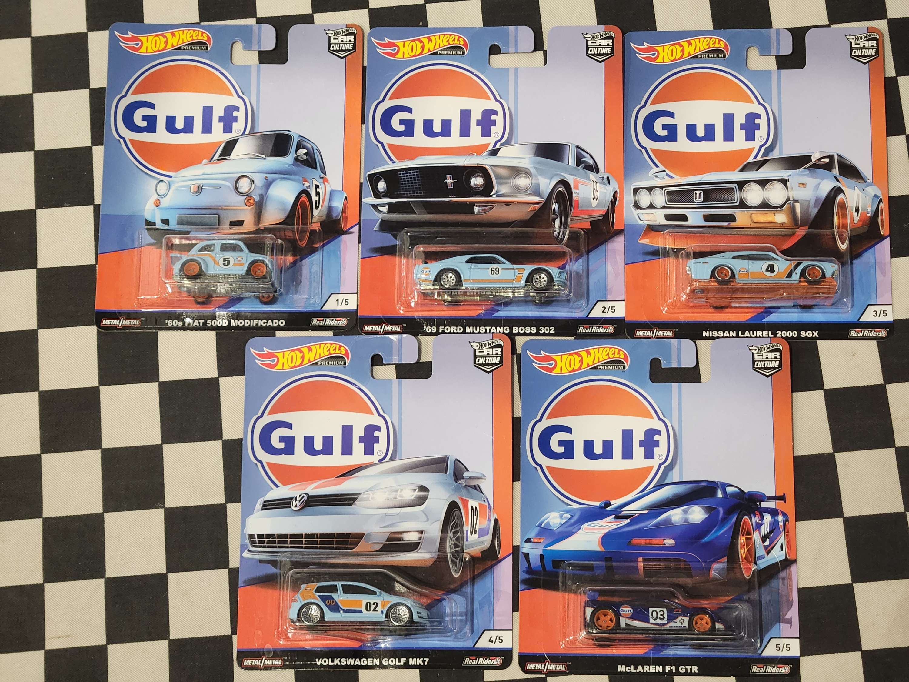 Hot Wheels Premium Gulf Set 5 Cars VW Golf Ford Mustang Nissan McLaren Fiat