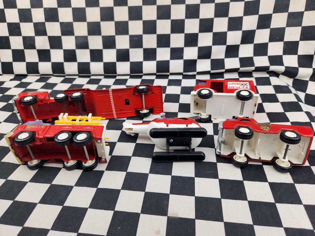 Vintage Buddy L Set Of Fire Rescue Tin Toys Trucks Helicopter Etc