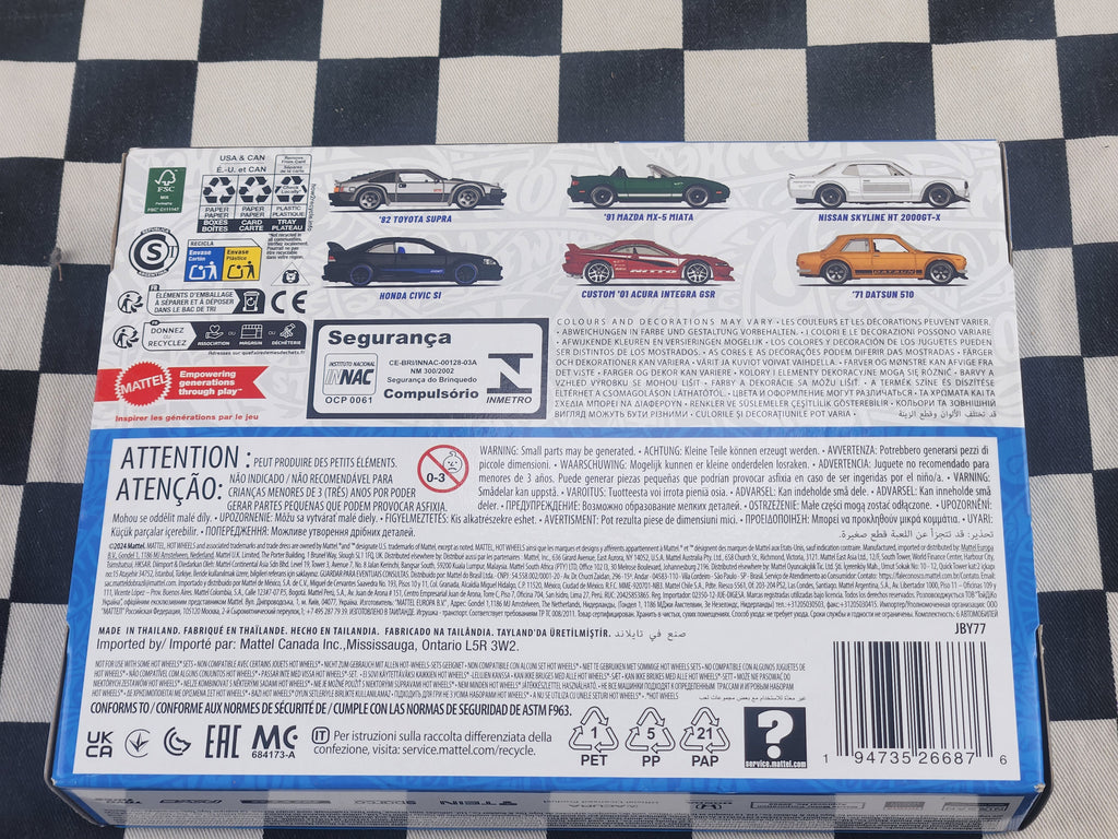 Hot Wheels JDM 6 Pack Skyline 2000GT-X Civic Datsun 510 Integra GSR MX5 Supra