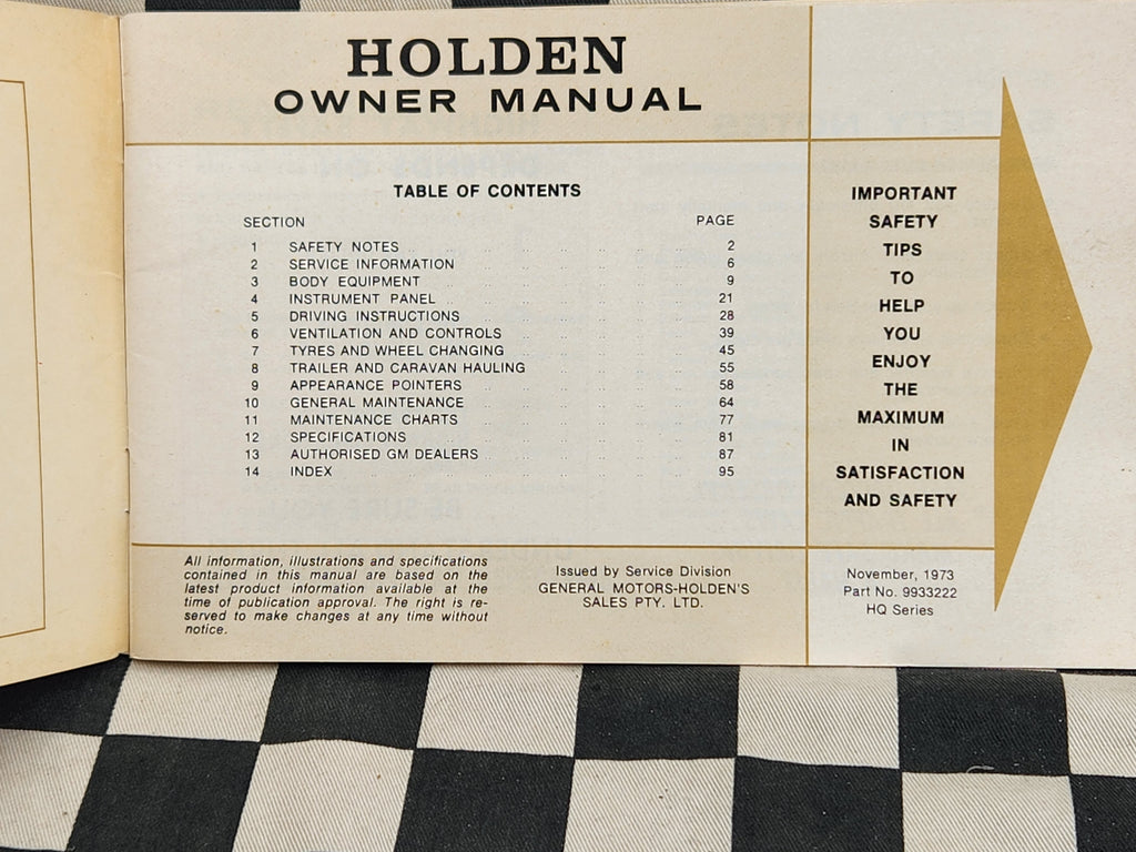 Original Holden HQ Series Owner Manual VGC