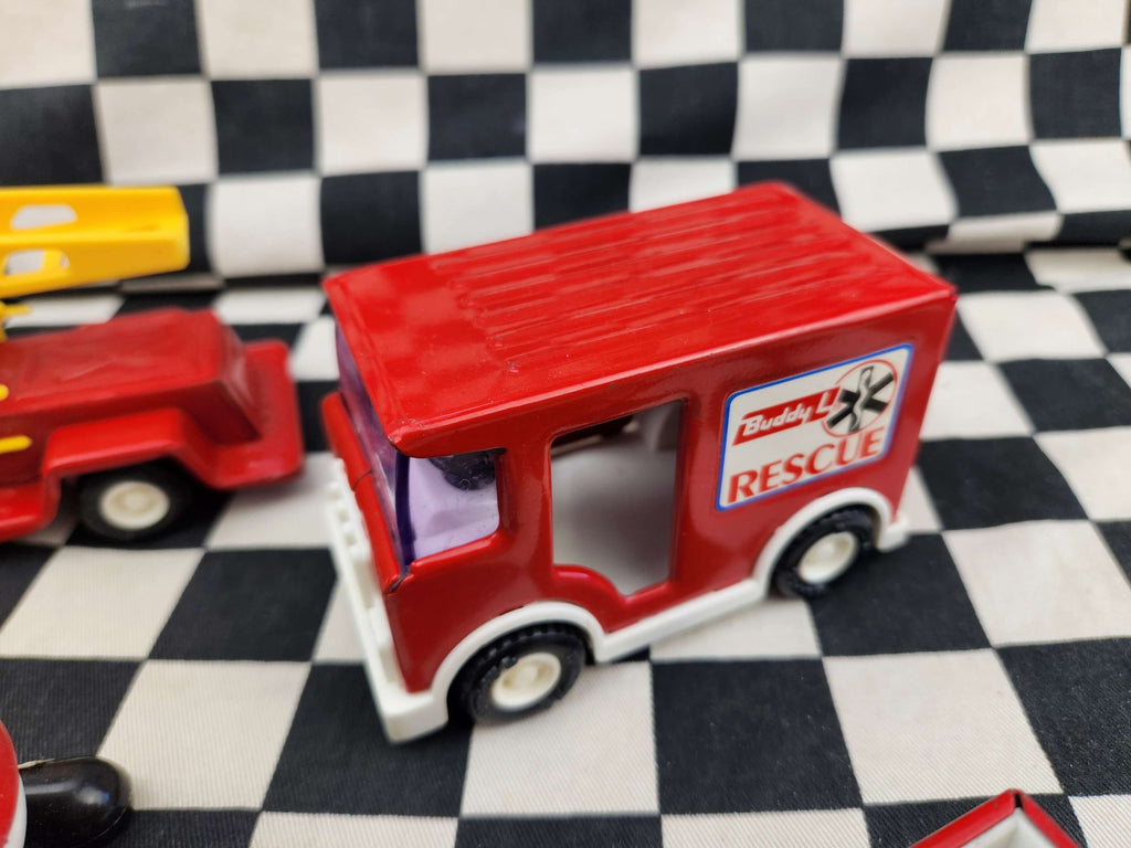 Vintage Buddy L Set Of Fire Rescue Tin Toys Trucks Helicopter Etc