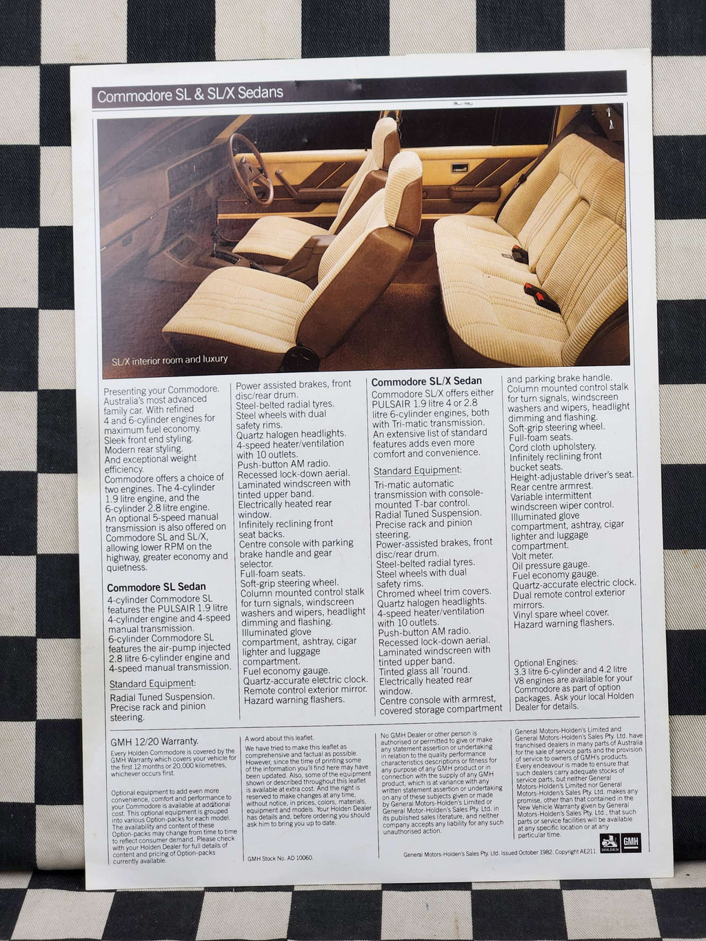 Genuine Holden VH Commodore Single Page Sales Brochure SL SL/X