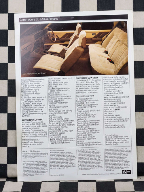 Genuine Holden VH Commodore Single Page Sales Brochure SL SL/X
