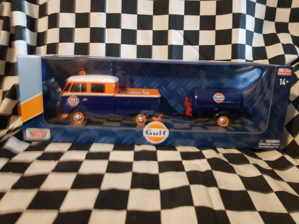 Motor Max 1:24 MIJO Exclusive GULF Vw Type 2 T1 Pickup & Fuel Trailer Set