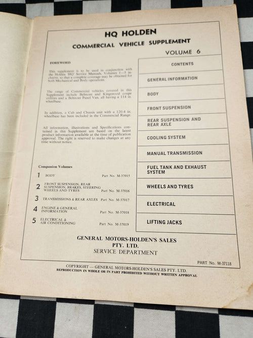 Genuine Holden HQ Vol 6 Commercial Vehicles Supplement UTE VAN ONE TONNER
