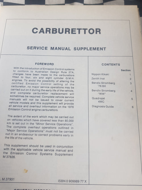 Genuine Holden Carburettors Workshop Manual
