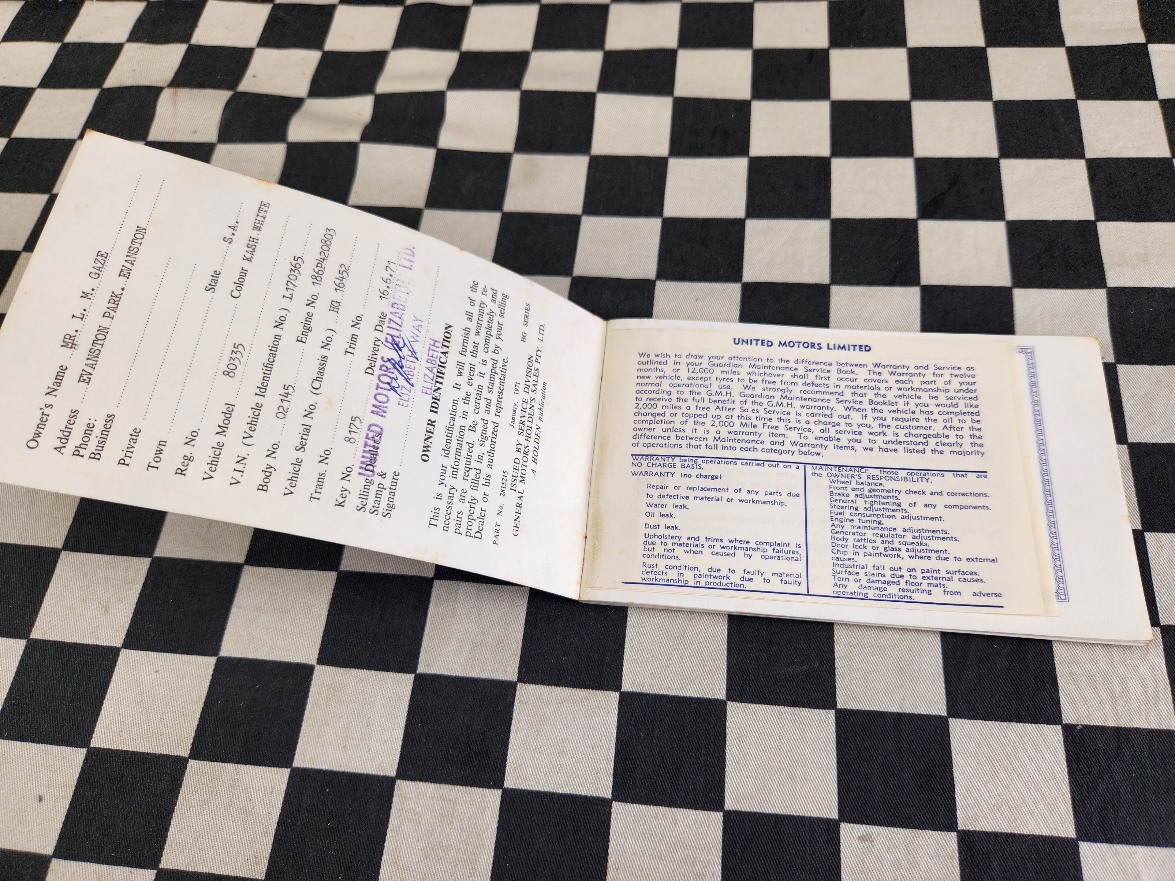 Holden HG Original Owners Protection Plan Service Book