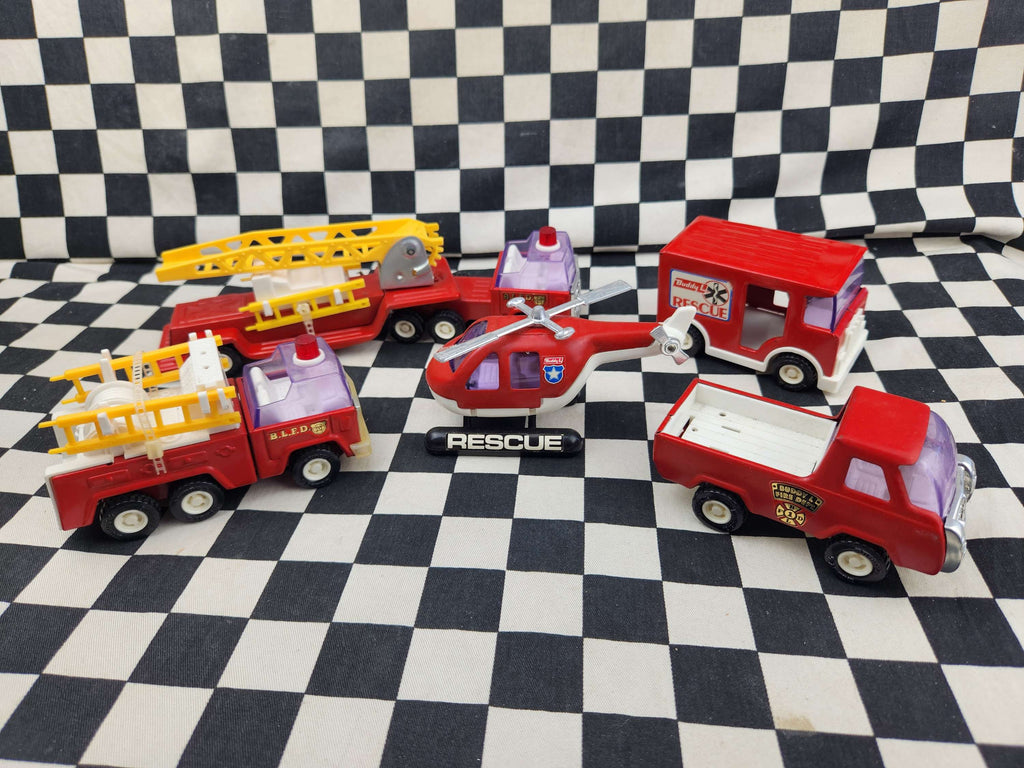 Vintage Buddy L Set Of Fire Rescue Tin Toys Trucks Helicopter Etc