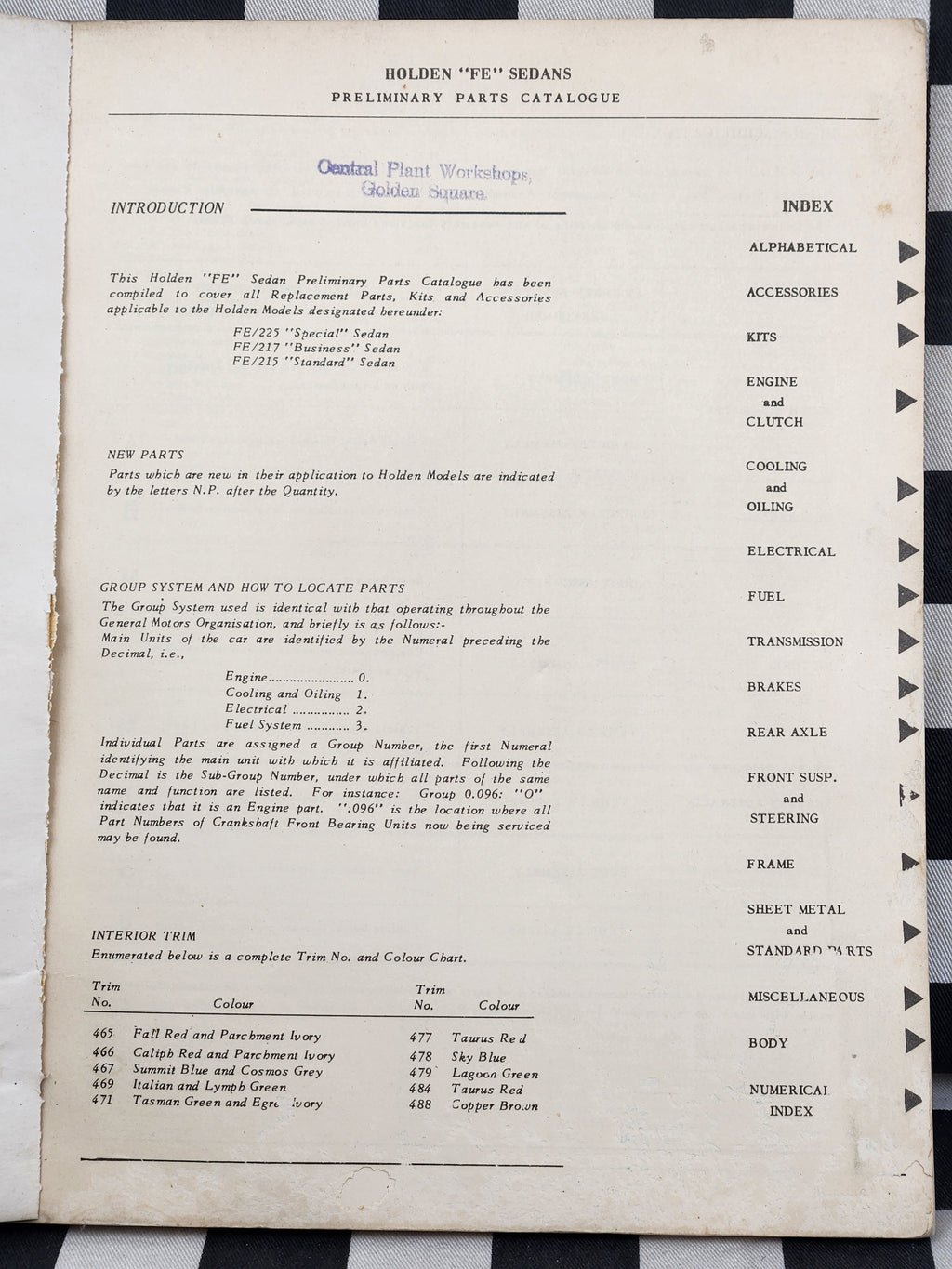 Holden FE Preliminary Parts Catalogue 1956 Nasco Text Only