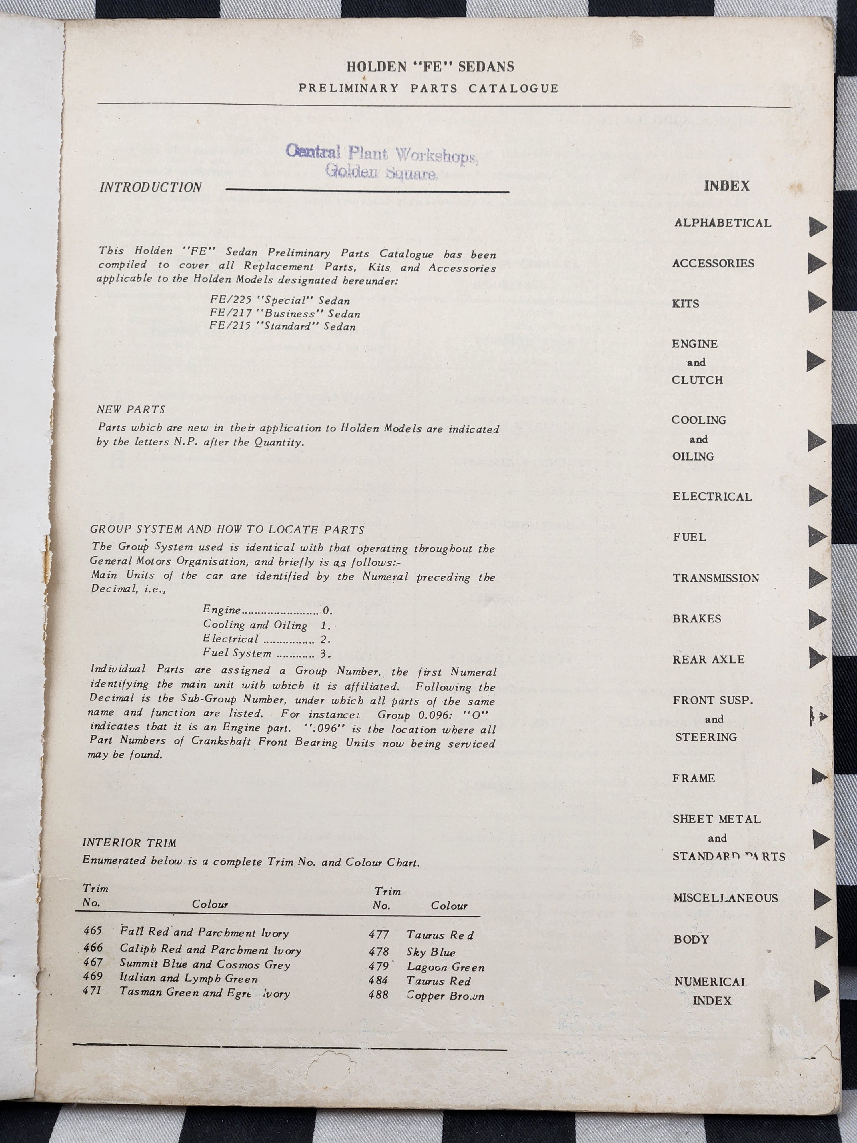Holden FE Preliminary Parts Catalogue 1956 Nasco Text Only