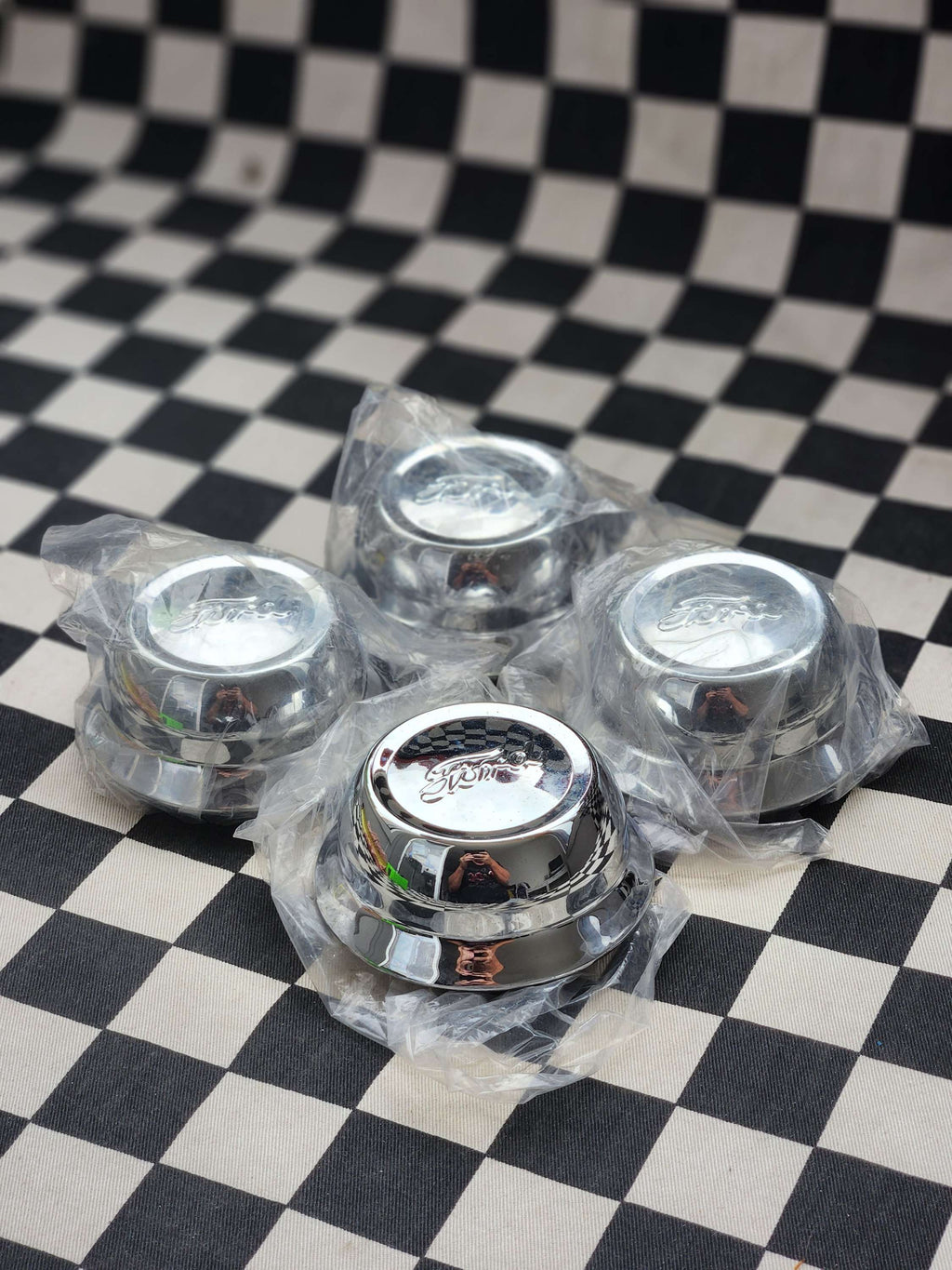 Chrome Metal Early Ford Push in Wheel Centre Caps Set of 4
