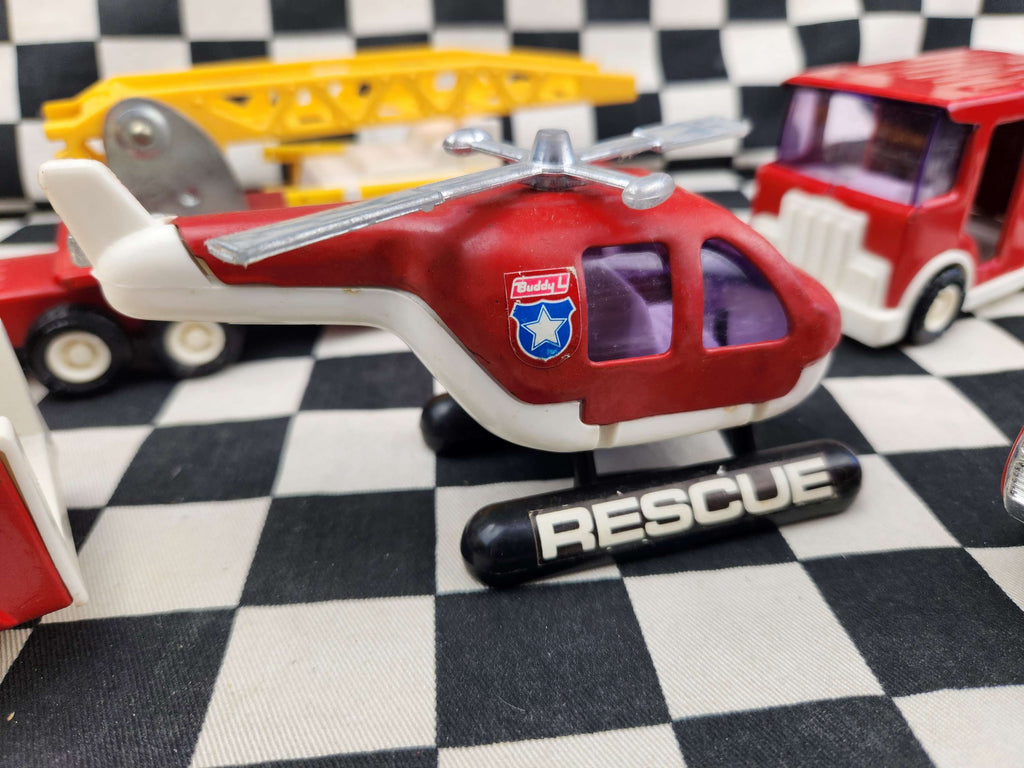 Vintage Buddy L Set Of Fire Rescue Tin Toys Trucks Helicopter Etc