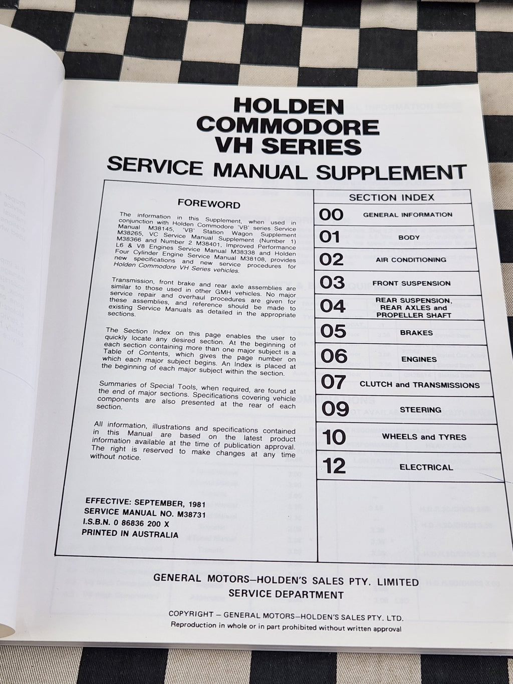 Genuine Holden VH Commodore Workshop Manual Supplement