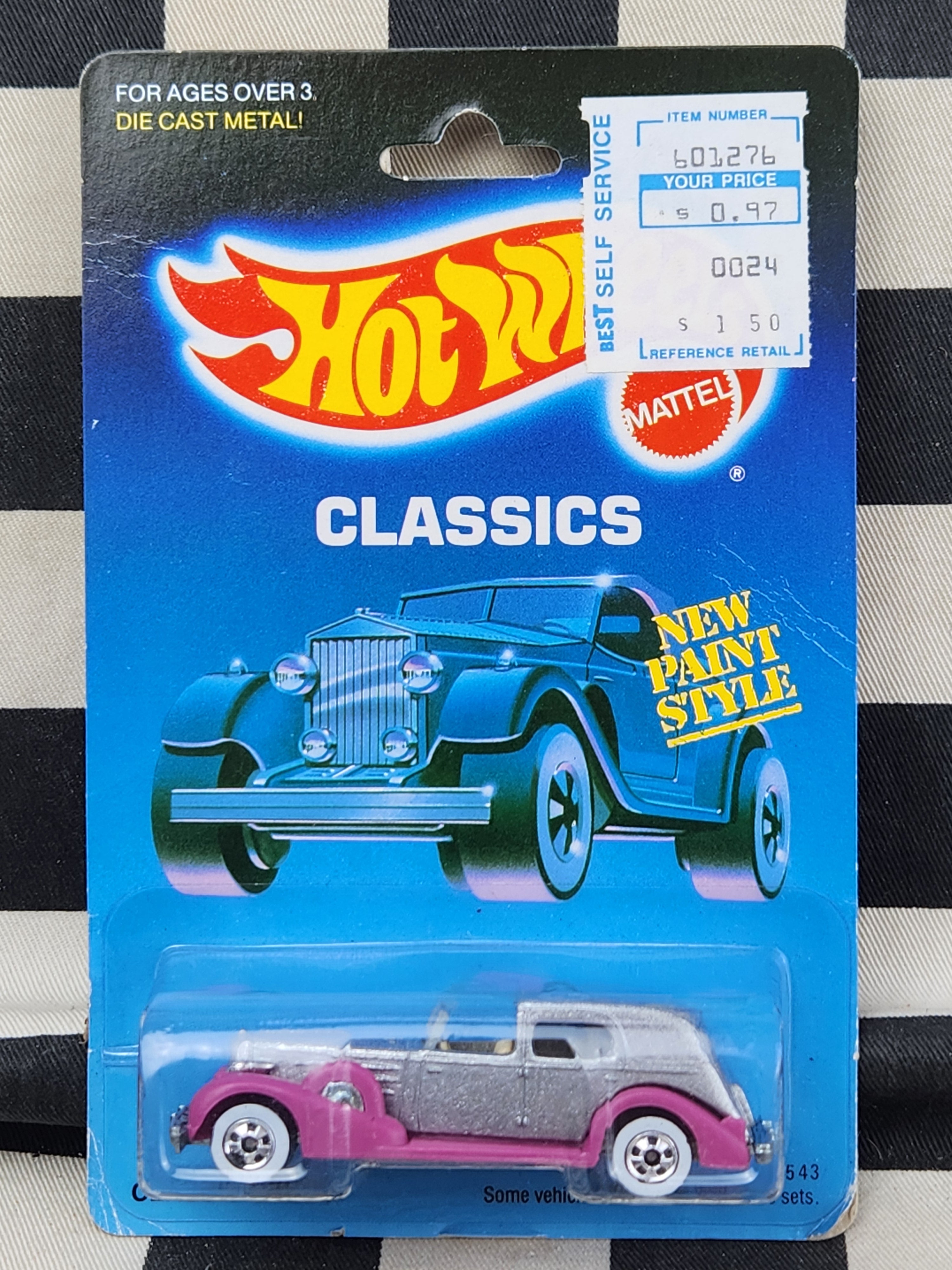 Vintage Hot Wheels  1988 Blue Card Classic Caddy Silver/Pink Whitewalls