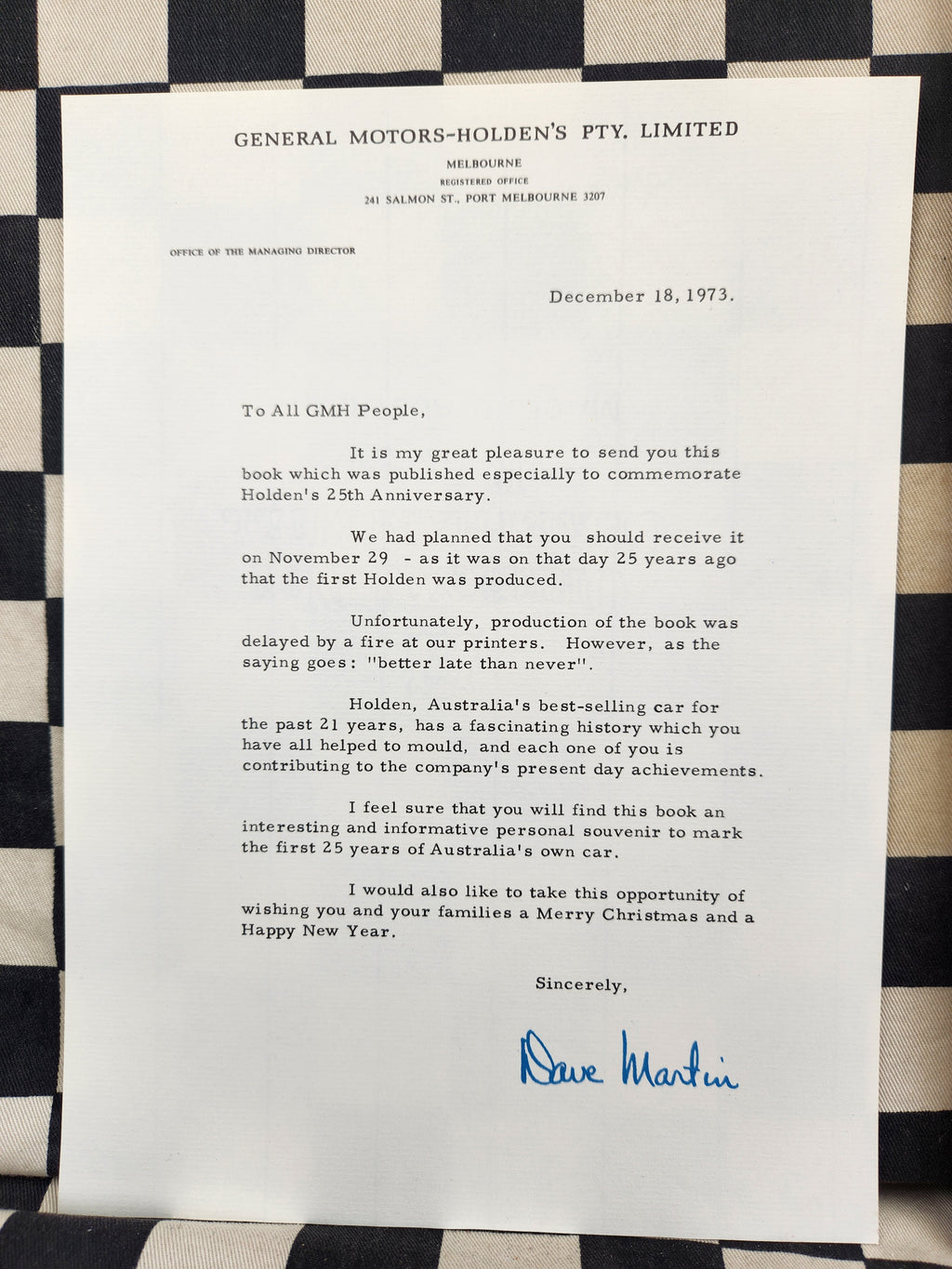 Holden 25 Years Employee Issue Commemorative Book with Original Letter