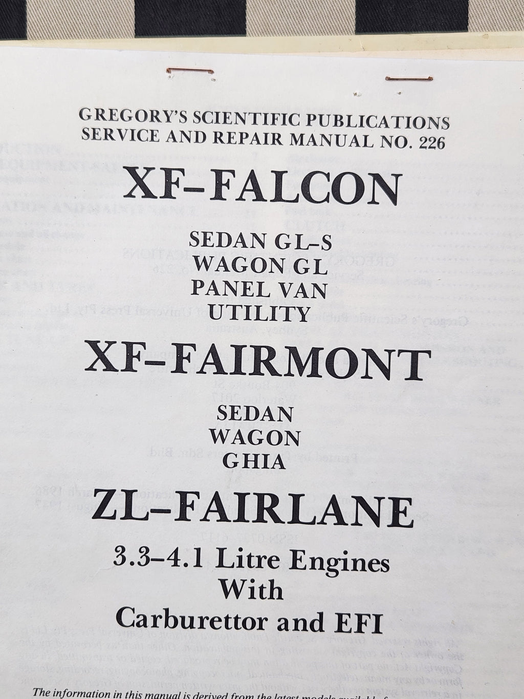 Ford Falcon XF Fairlane ZL 1984-87 6cyl Carb & EFI Workshop Manual