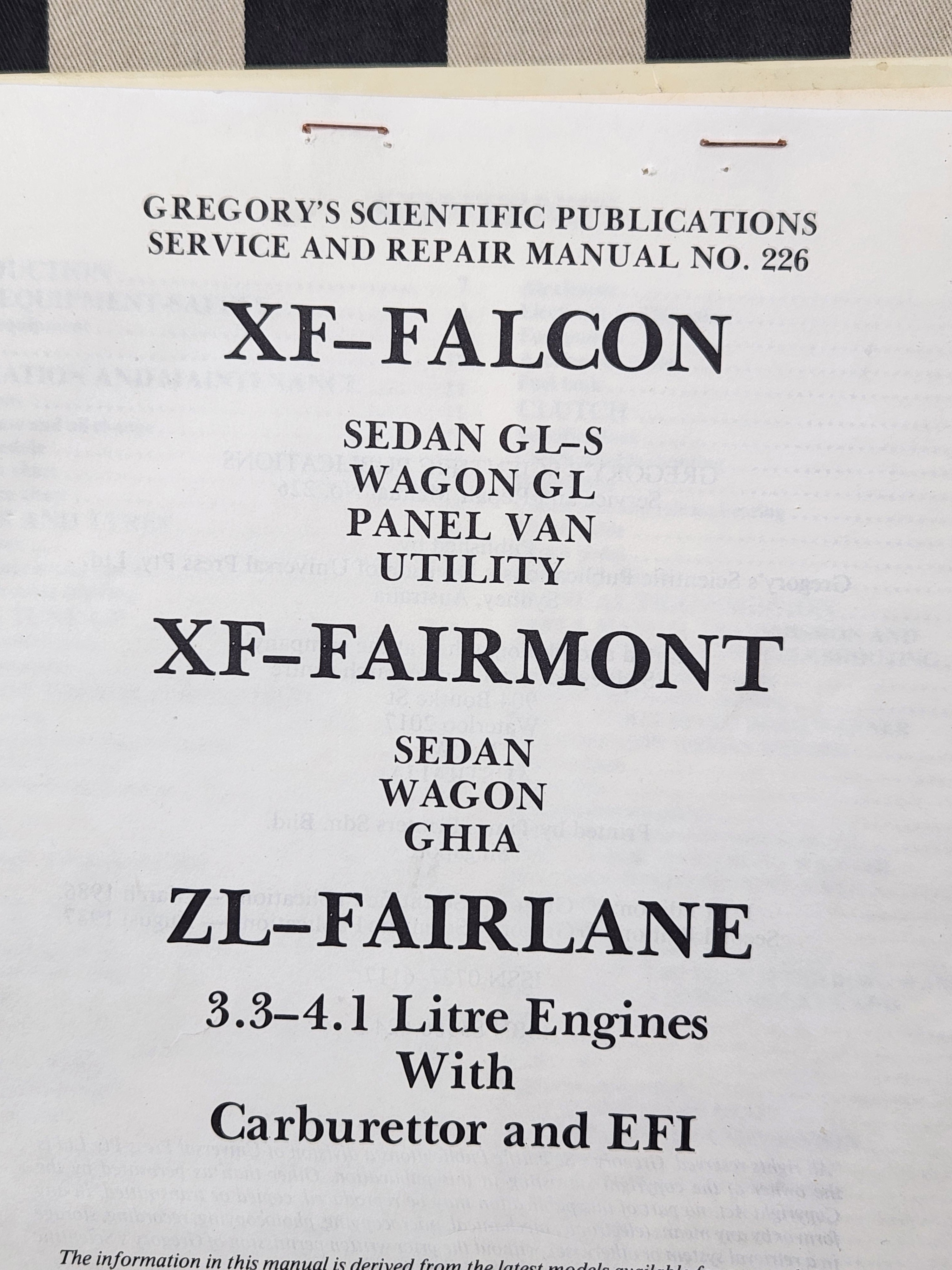 Ford Falcon XF Fairlane ZL 1984-87 6cyl Carb & EFI Workshop Manual