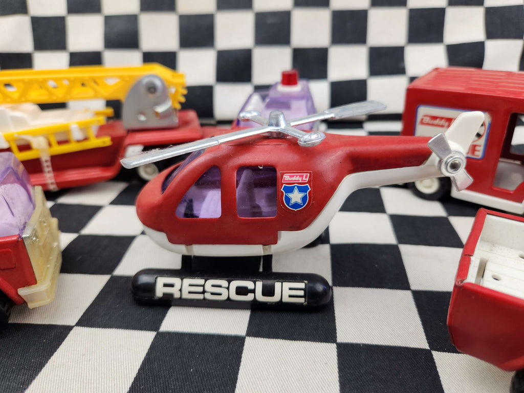 Vintage Buddy L Set Of Fire Rescue Tin Toys Trucks Helicopter Etc