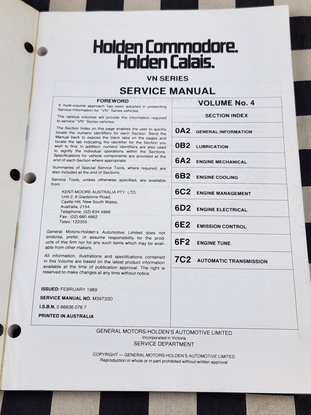 Genuine Holden Commodore VN Series 5.0 Litre PFI V8 Engine Manual Volume 4
