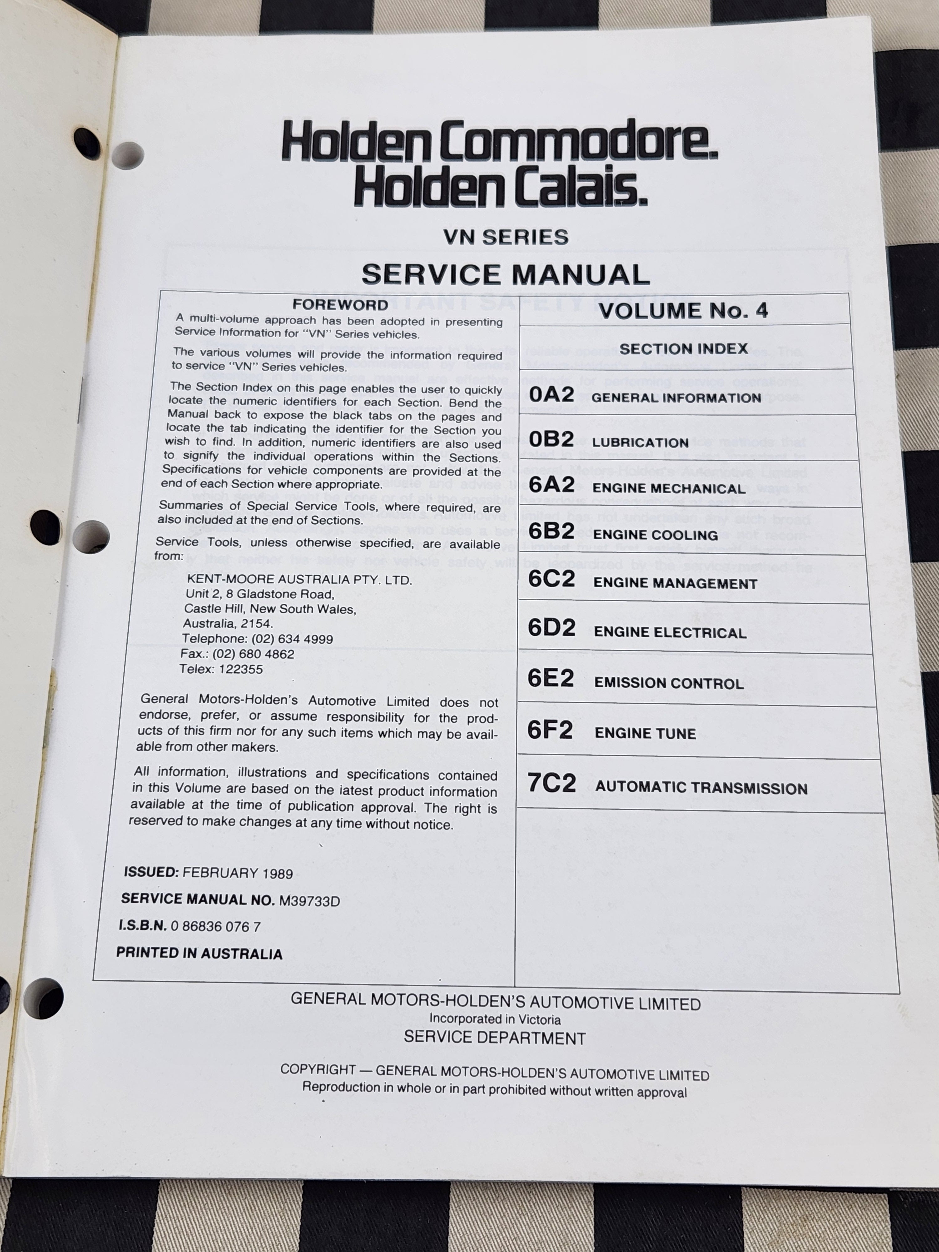 Genuine Holden Commodore VN Series 5.0 Litre PFI V8 Engine Manual Volume 4