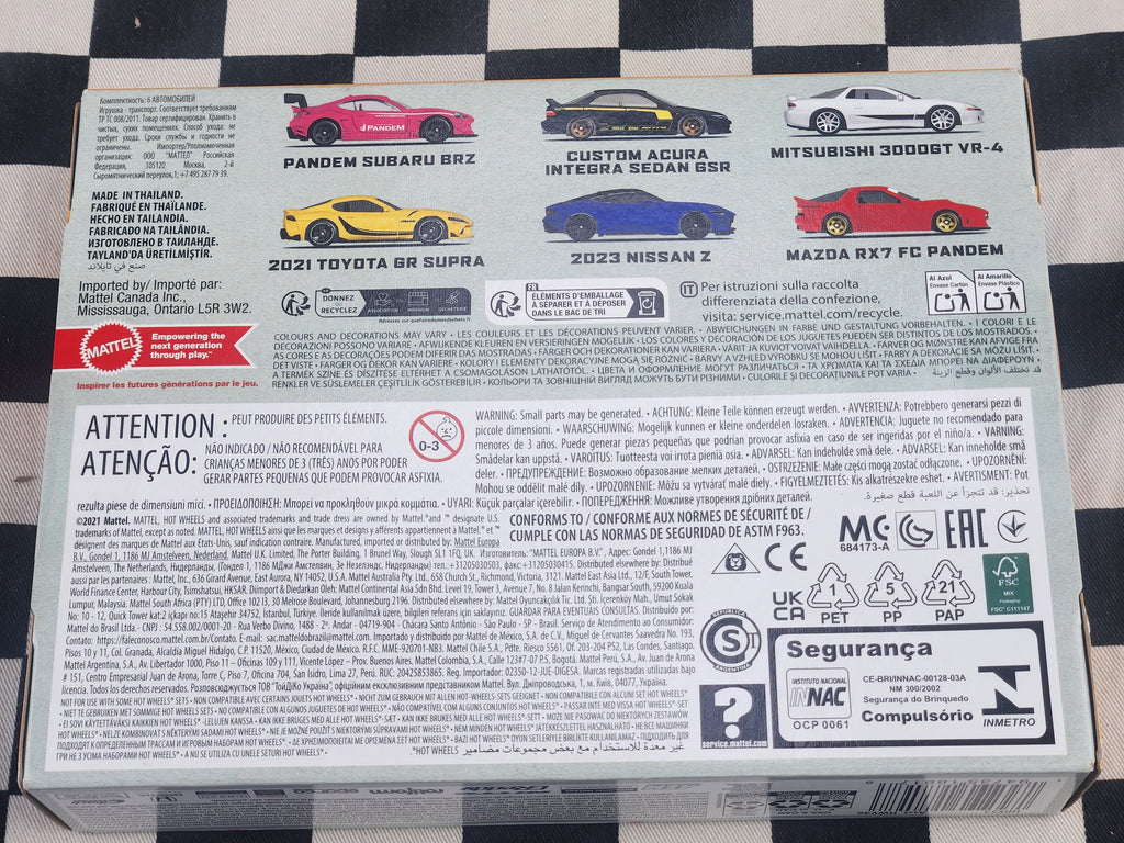 Hot Wheels JDM 6 Pack Subaru Mazda RX7 Nissan Z Toyota Supra Acura GSR 3000GT