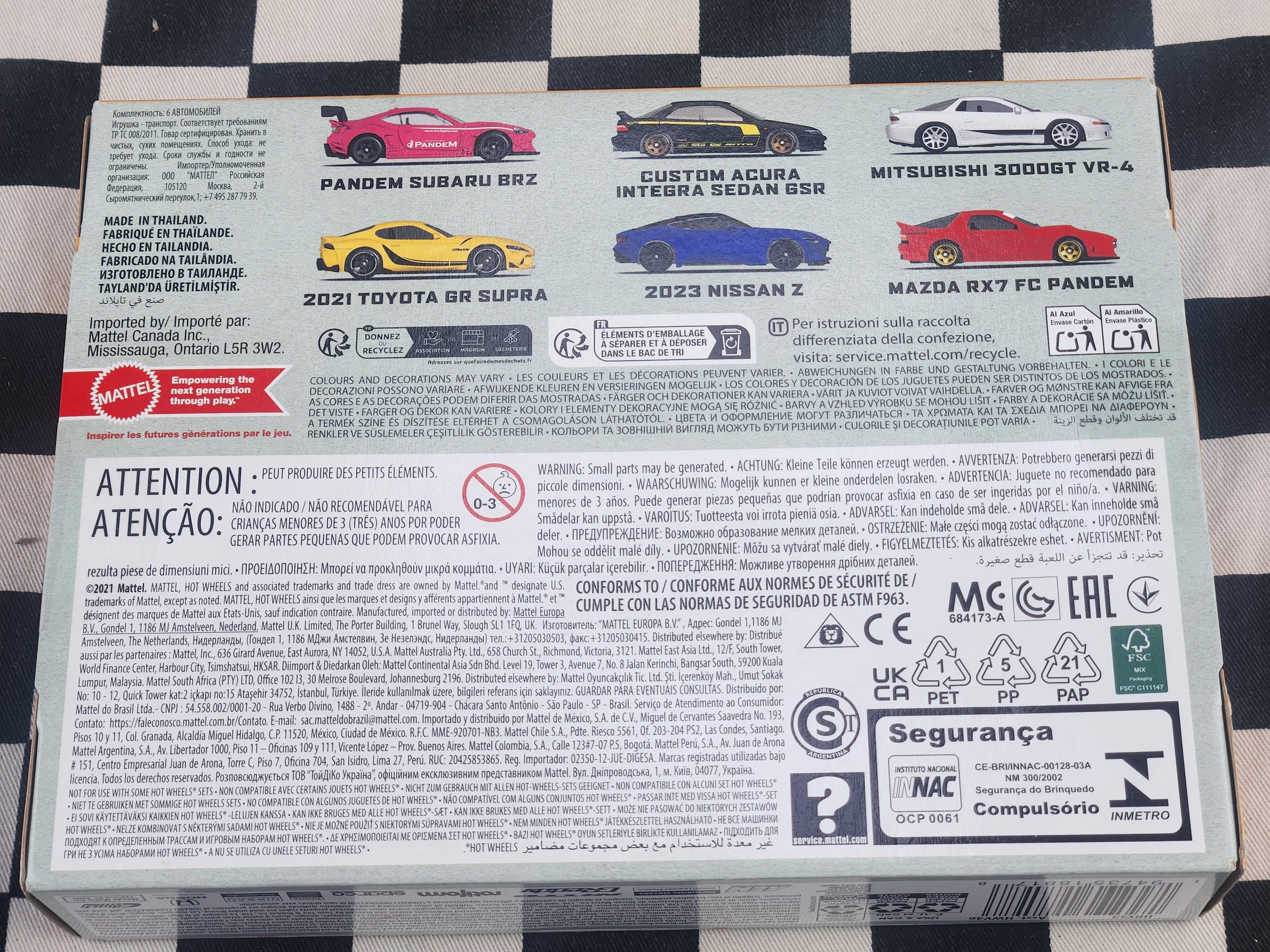 Hot Wheels JDM 6 Pack Subaru Mazda RX7 Nissan Z Toyota Supra Acura GSR 3000GT