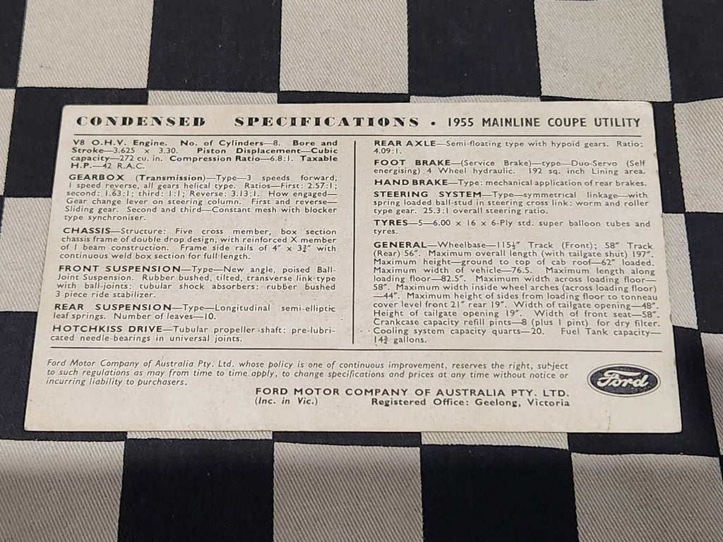 Ford 1955 V8 Mainline Condensed Specifications Card Free Post