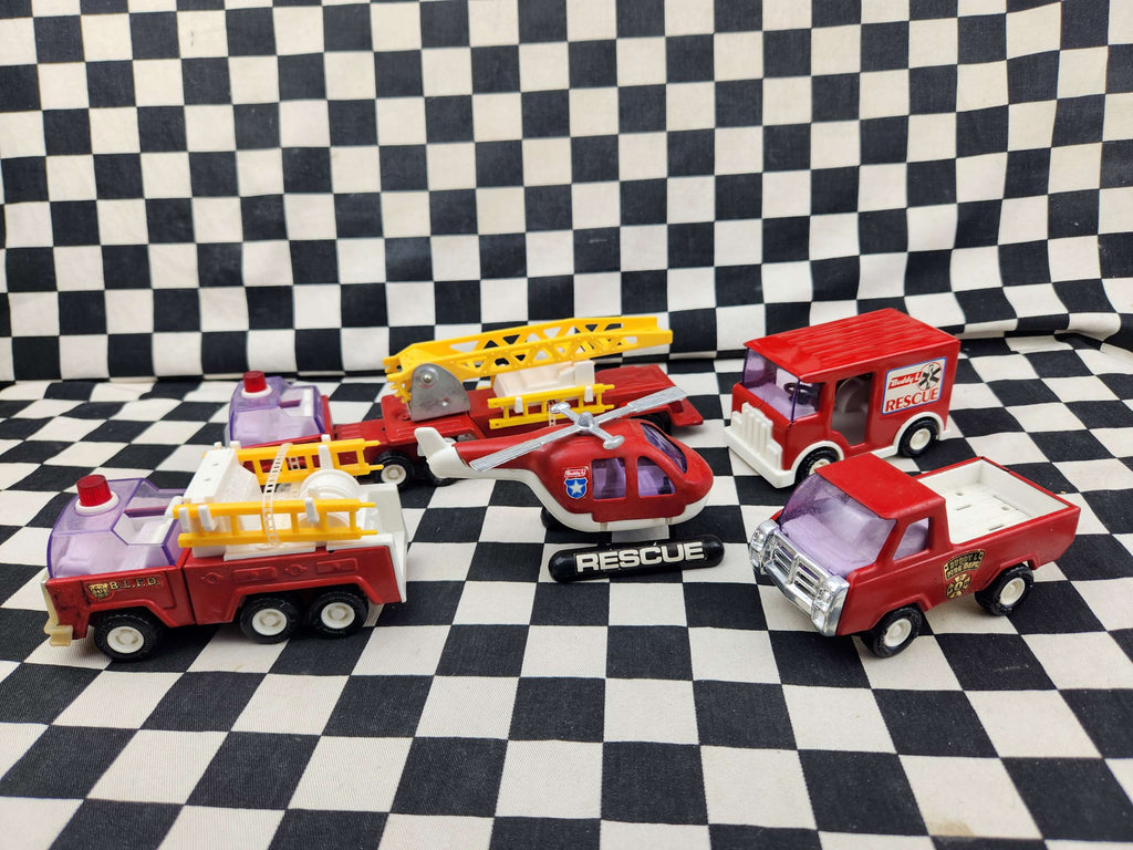 Vintage Buddy L Set Of Fire Rescue Tin Toys Trucks Helicopter Etc