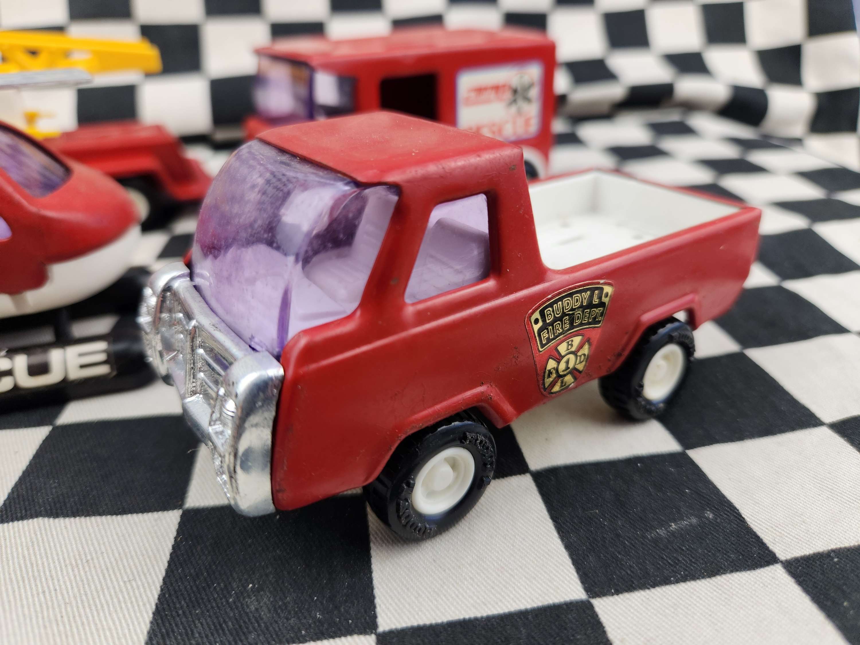 Vintage Buddy L Set Of Fire Rescue Tin Toys Trucks Helicopter Etc